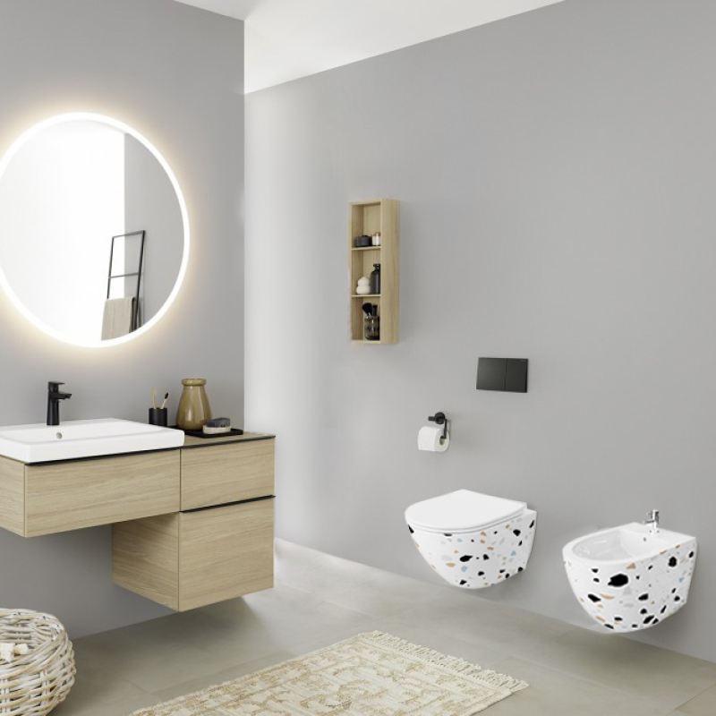 Set wc suspendat Spectrum, Trendi Stone, rimless cu capac inclus, 35.5 x 51.5 cm, alb mozaic